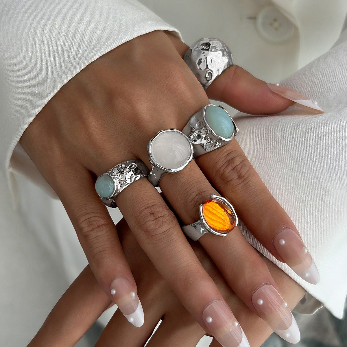 Wholesale Women' s retro mixed-match stacking gemstone open ring set
